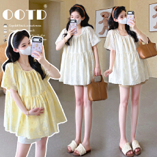 批发实拍2026夏季新款孕妇韩版蕾丝花朵刺绣减龄娃娃衫上衣+托腹短<b class='q'>裤</b>