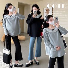 批发实拍2026<b class='q'>秋</b>季新款孕妇宽松显瘦弹力遮肚休闲甜美花边孕妈T恤