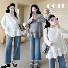 批发实拍2026<b class='q'>秋</b>季新款孕妇圆领休闲甜美宽松T恤拼接木耳边娃娃衫