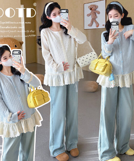 실사 2026 가을 새로운 임산부 캐주얼 달콤함 패치워크 레이스 맨위 작은 샤넬 스타일 인형 셔츠