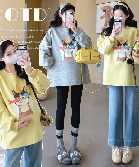 실사 2026 가을 새로운 임산부 패션 캐주얼 작은 청신 루즈핏 프린트 후드티