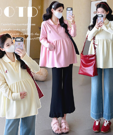 실사 2026 임산부 가을 새로운 캐주얼 긴팔 달콤함 베이비 칼라 순면 루즈핏 만화 맨위
