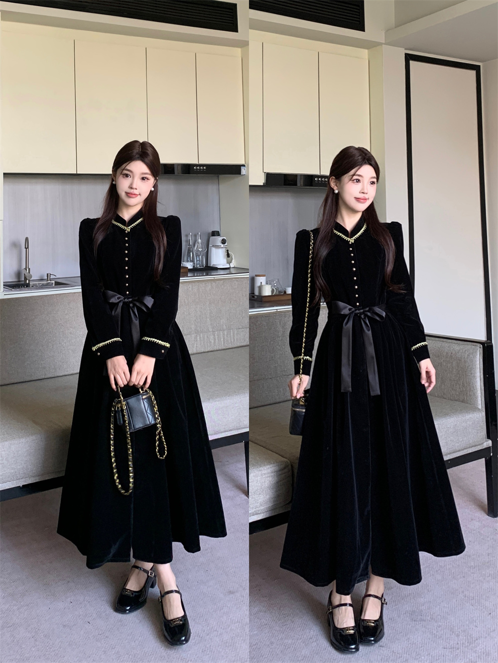 MY14654# 大码女装胖mm秋冬法式赫本风黑色长裙收腰显瘦气质丝绒连衣裙女裝貨源服裝批發