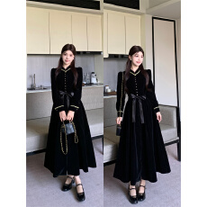 批发实拍大码女装胖mm秋冬法式赫本风黑色长裙收腰显瘦气质丝绒连衣裙
