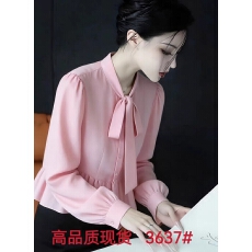 批发时尚温柔风粉色蝴蝶结长袖衬衫女春季新款小众设计感百搭减龄上衣