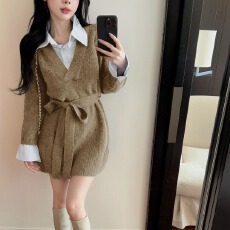 批发<b class='q'>撞色</b>假两件针织衬衫领拼接裙子秋冬法式收腰气质宽松显瘦<b class='q'>连衣裙</b>