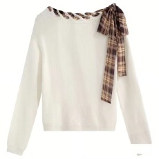 批发一字肩针织衫女设计感格子绑带套头<b class='q'>毛衣</b>秋冬<b class='q'>新款</b>长袖打底衫上衣潮