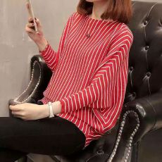 批发【安迪绒】条纹<b class='q'>蝙蝠衫</b>女秋冬新款一字领宽松显瘦针织线衣打底衫秋