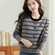 批发【康妮绒】韩版时尚圆领撞色条纹字母刺绣康妮绒<b class='q'>针织</b>长袖<b class='q'>开衫</b>上衣