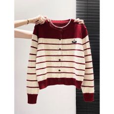 批发【包芯纱】圆领单排扣<b class='q'>条纹</b>针织开衫毛衣外套女宽松休闲小个子上衣