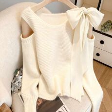 批发【<b class='q'>北极</b><b class='q'>绒</b>】系带蝴蝶结温柔风针织衫女秋冬季新款甜美减龄露肩毛衣