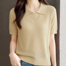 批发【冰爽丝】2026夏季新款韩版时尚翻领半开胸纹理<b class='q'>镂空</b>针织短袖上衣