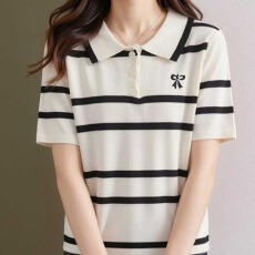 批发【冰爽丝】2026夏季韩版百搭新款时尚翻领半开胸扭结刺绣条纹短袖