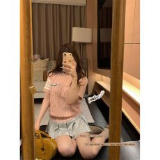 批发2026夏季设计感学院风小狗刺绣麻花针织衫短袖上衣女修身打底上衣