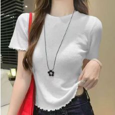 批发法式木耳边短袖T恤女夏2026新款设计感花边小众休闲<b class='q'>甜美</b>针织上衣