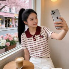 批发卡通条纹刺绣小马短袖针织衫女夏季学院风polo领百搭<b class='q'>甜美</b>减龄上衣