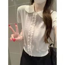 批发韩版娃娃领毛<b class='q'>针织衫</b>女夏新款木耳边甜美气质减龄百搭短袖针织上衣