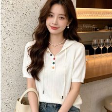 批发2026年夏季新款连帽彩扣针织衫女休闲韩版<b class='q'>英伦</b><b class='q'>风</b>套头短袖显瘦百搭