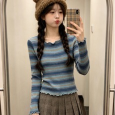 批发早春秋2026新款韩版条纹修身木耳边圆领小众打底衫女百搭T恤上衣