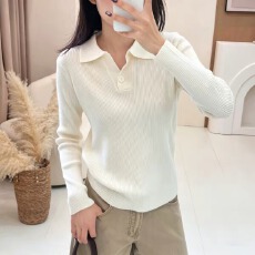 批发燕麦色polo翻领长袖针织打底衫女秋冬季修身显瘦百搭内搭毛衣上衣