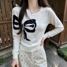 批发白色长袖针织衫秋装女装秋季韩系撞色蝴蝶结收腰显瘦女士上衣毛衣