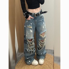 美式复古做旧泼墨破洞牛仔裤子女春季新款辣妹个性字母印花拖地裤