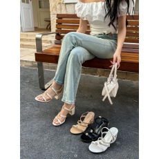 批发夏季新款一字带亮钻女粗跟凉鞋