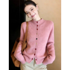 批发【丝绒爱心扣】新款半高领宝石扣针织简约<b class='q'>开衫</b><b class='q'>女</b>装显瘦针织衫