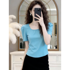 U领泡泡袖正肩T恤女2026夏季新款修身显瘦洋气百搭打底衫上衣