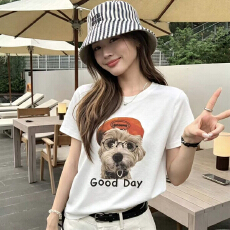 美式复古贝雷帽眼镜小狗印花短袖T恤女夏修身显瘦圆领百搭上衣