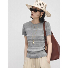 批发法式欧美老钱风灰色提花条纹冰丝针织短袖女夏季气质显瘦<b class='q'>T</b><b class='q'>恤</b>正肩