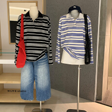 批发5件起批不退不换6807条纹针织polo衫翻领正肩韩系简约女上衣<b class='q'>T</b><b class='q'>恤</b>
