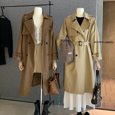 批发5件起批不退不换7033卡其色外套中长款翻领垂感英伦风休闲风衣