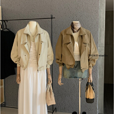 批发5件起批不退不换6998美式巴恩风短款风衣外套假两件夹克上衣