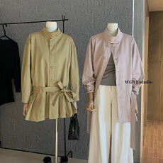 批发5件起批不退不换7219韩系百搭显瘦立领腰带设计感休闲风衣外套