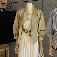 批发5件起批不退不换7099韩系短款卡其色风衣小个子薄款上衣