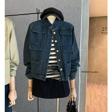 批发5件起批不退不换7347“牛仔也老钱”立领正肩金扣口袋牛仔外套