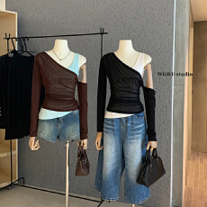 批发5件起批不退不换7102美式复古简约百搭辣妹修身长袖T恤+<b class='q'>背心</b>套装