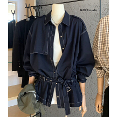 批发5件起批不退不换7154腰带短款廓形美式复古宽松气质外套