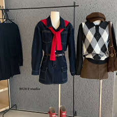 批发复古<b class='q'>原</b>牛色A字牛仔短裙收腰<b class='q'>连衣裙</b>(配腰带)