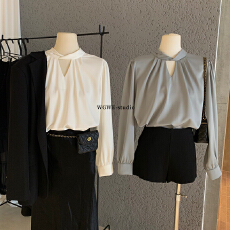 批发法式缎面立领镂空<b class='q'>衬衫</b>高级感时髦气质<b class='q'>职业</b>通勤长袖上衣