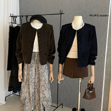 批发<b class='q'>韩版</b>宽松休闲百搭圆领单排扣小香风夹棉外套