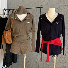 批发法式休闲宽松翻领刺绣polo衫针织连帽长袖<b class='q'>短裤</b>套装