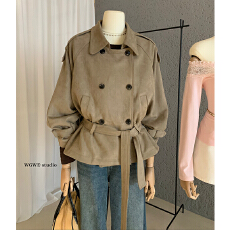 批发双排扣复古翻领长袖麂皮外套女绑带宽松美式夹克开衫上衣