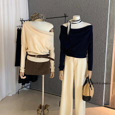 慵懒风一字领露肩设计感宽松斜肩针织衫韩系百搭毛衣