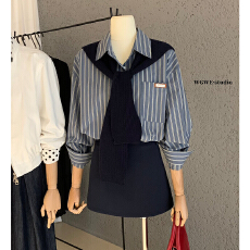 批发时尚套<b class='q'>装</b>蓝色条纹翻领长袖<b class='q'>衬衫</b>高腰半身裙A字裙带披肩三件套