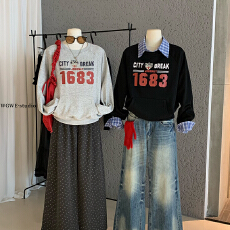 批发美式圆领灰色印花<b class='q'>套头卫衣</b>秋冬新款宽松上衣