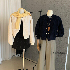 批发法式<b class='q'>气质</b>暗扣毛圈棒球服短外套女小众百搭外套