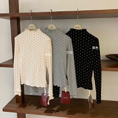 批发小香风内搭波点修身毛衣打底木耳边长袖上衣