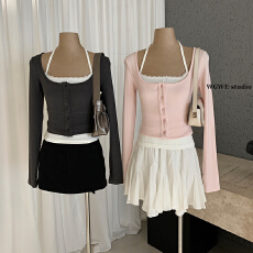 批发美式甜辣妹两件长袖T恤<b class='q'>蕾丝</b>拼接短款背心<b class='q'>套装</b>